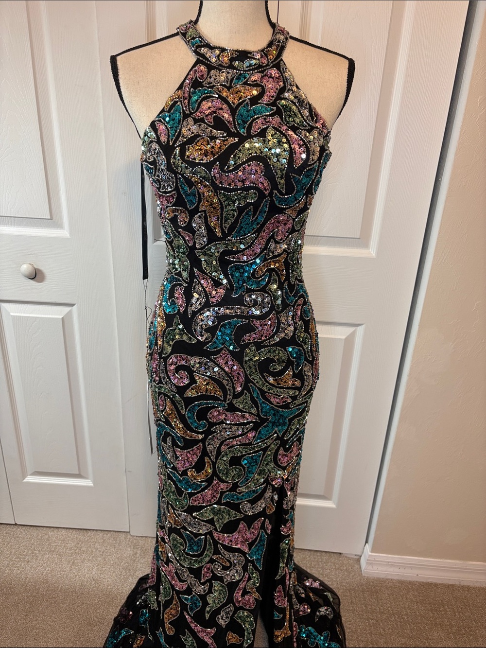 NWT Primavera Couture Sequined Halter Gown – Size 4 (Style 3452, Black Multi)
